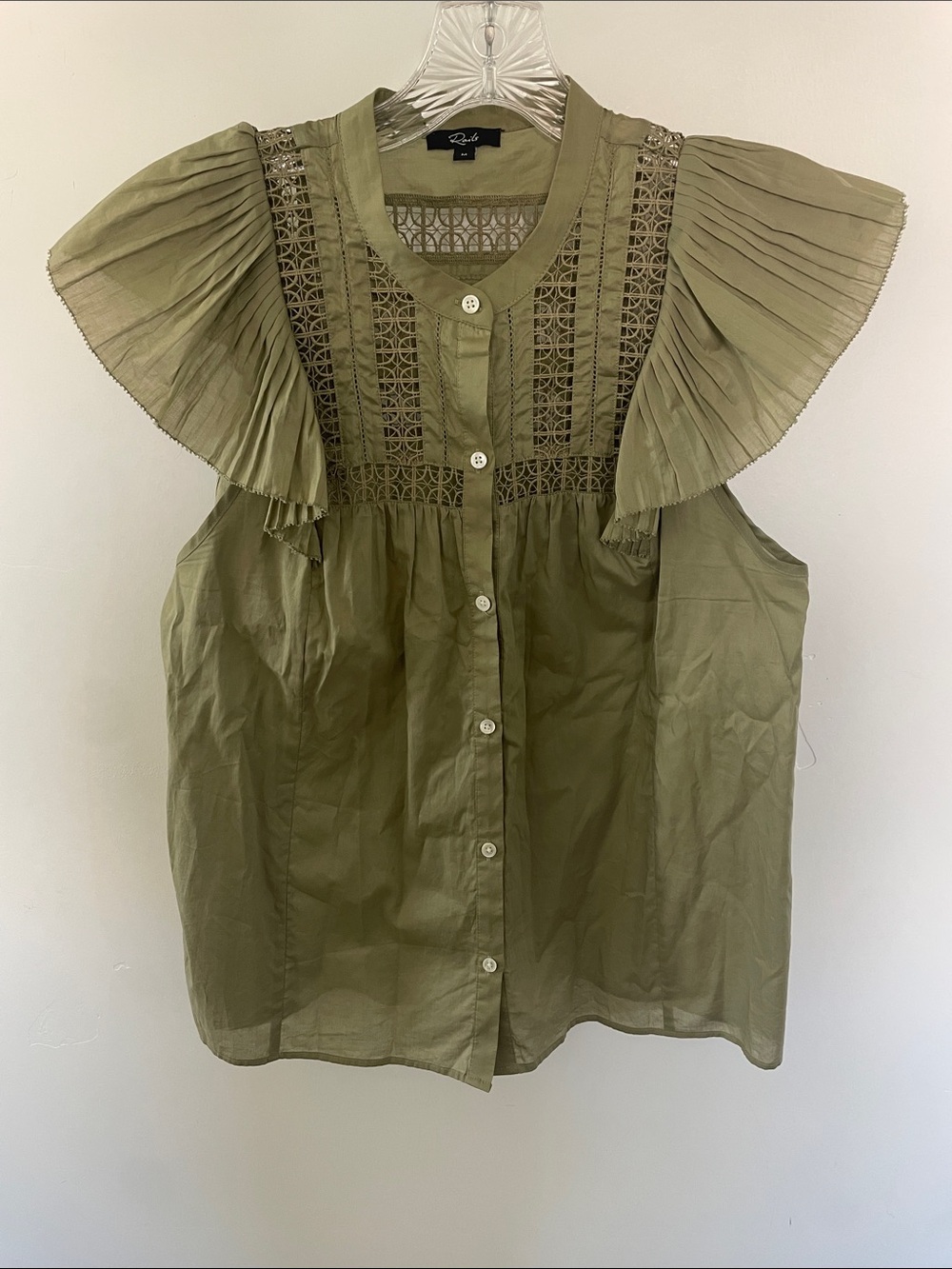 Rails Olive Eyelet Pleated Sleeve Button-Front Blouse. Sweet, Lightweight & Cool